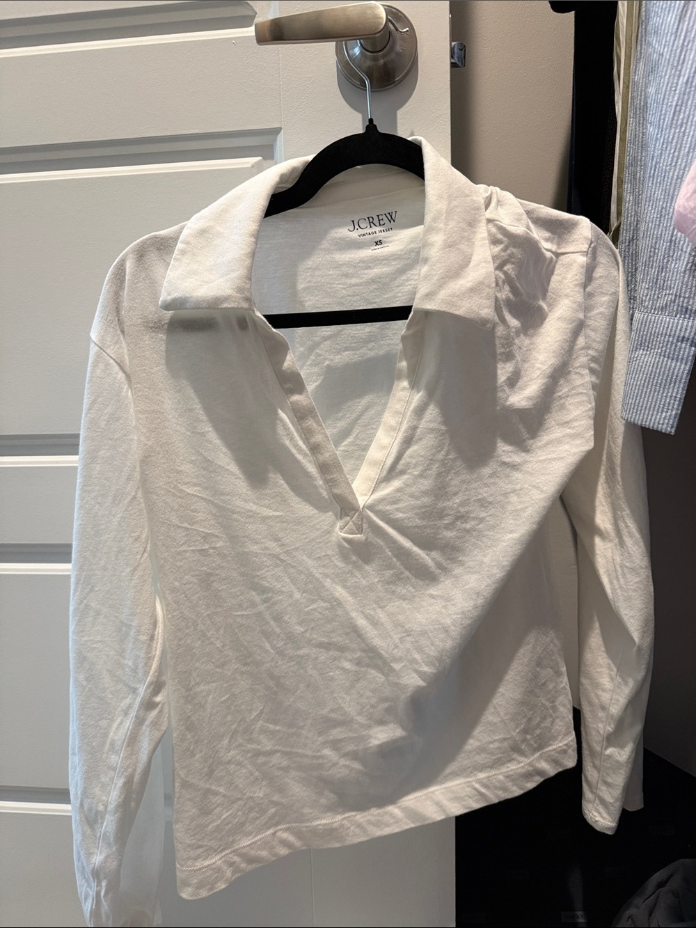 J.Crew White Long-Sleeve Cotton Polo V-Neck Shirt